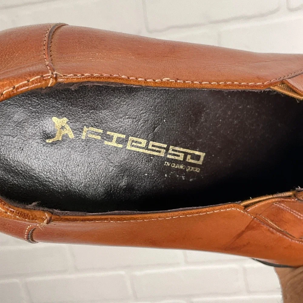 Fiesso by Aurelio Garcia Brown‎ Leather Square Toe Slip On Loafers Italy Retro